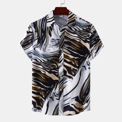 Men Fashion Leisure Holiday Tiger Stripe Print Short Sleeve Lapel Shirt