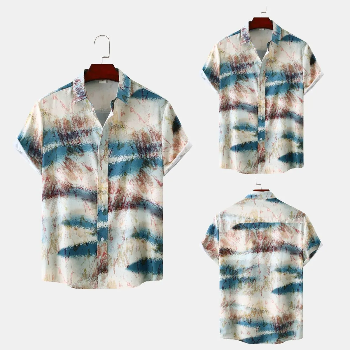 Men Fashion Tie-Dye Print Short Sleeve Lapel Slim Fit Shirt