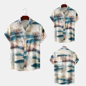 Men Fashion Tie-Dye Print Short Sleeve Lapel Slim Fit Shirt