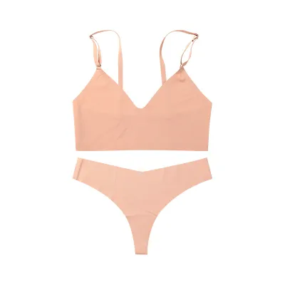 Women Simple Solid Color Gathering Bra Set with Ultra-Thin Mold Cup