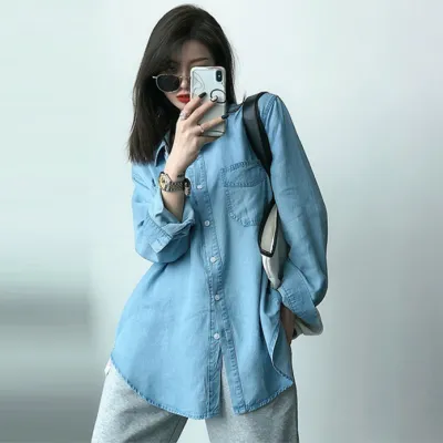 Women's Casual Loose Fit Long Sleeve Denim Shirt Top - Korean Style