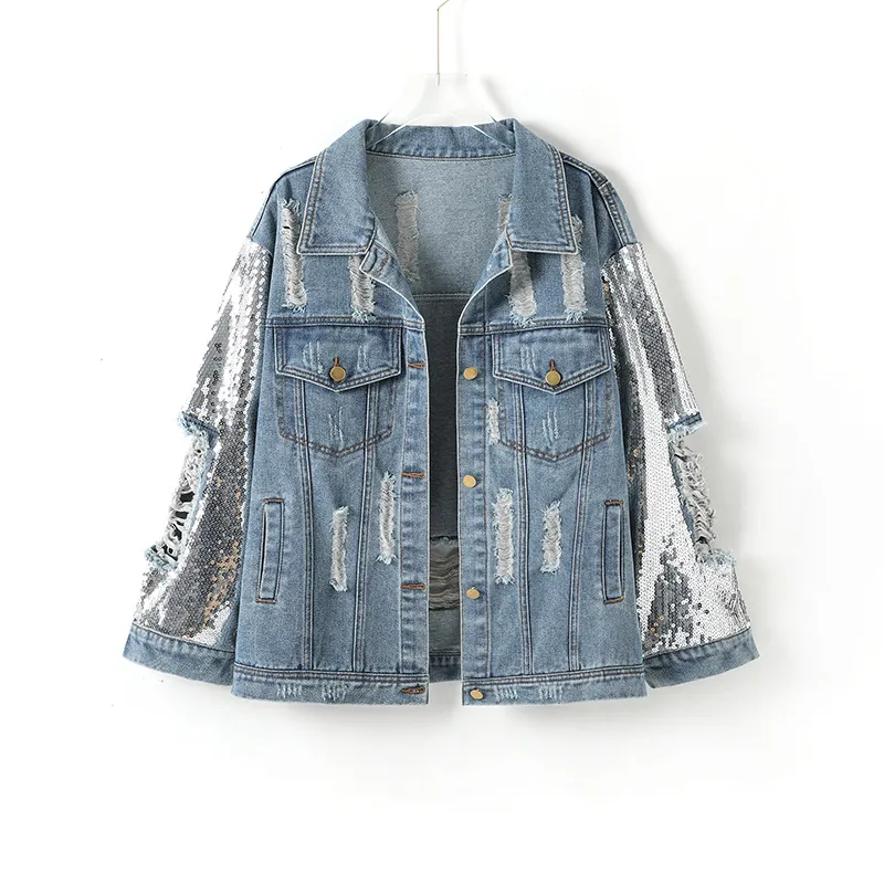 Women Fashion Loose Sequin Ripped Denim Jacket Top