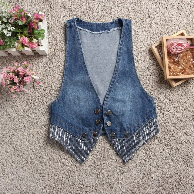 Women Casual Sequin Sleeveless Denim Vest Top Cardigan