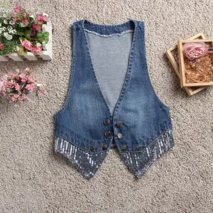 Women Casual Sequin Sleeveless Denim Vest Top Cardigan