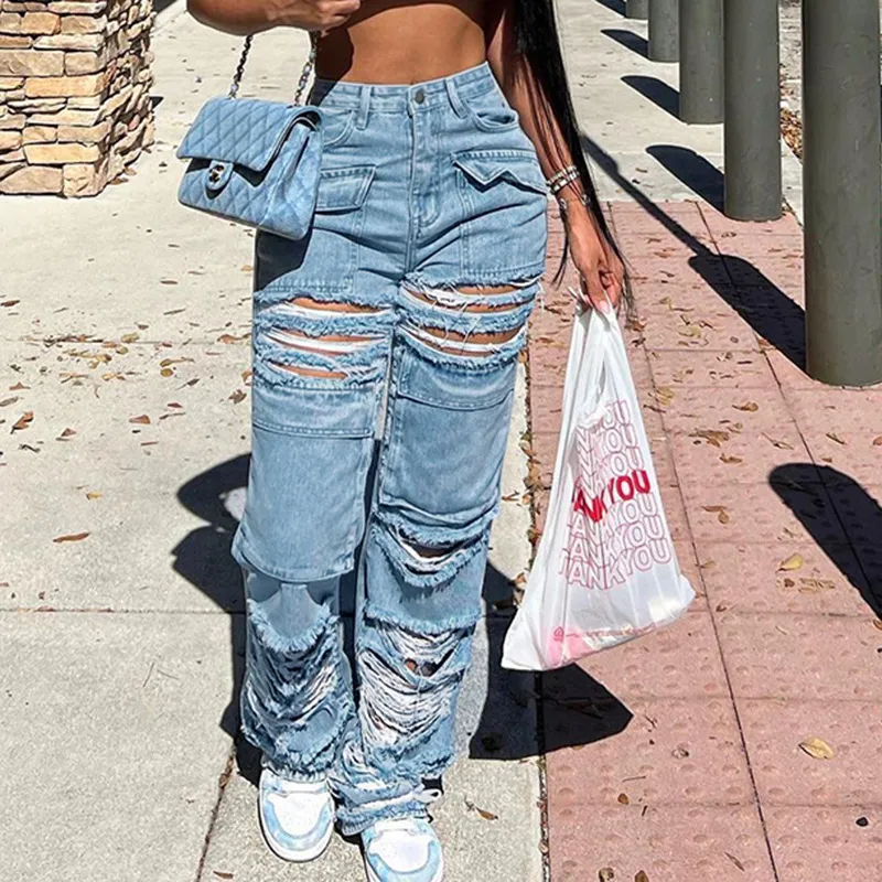Women's Ripped Edge Stitching Straight Slim-Fit Denim Jeans
