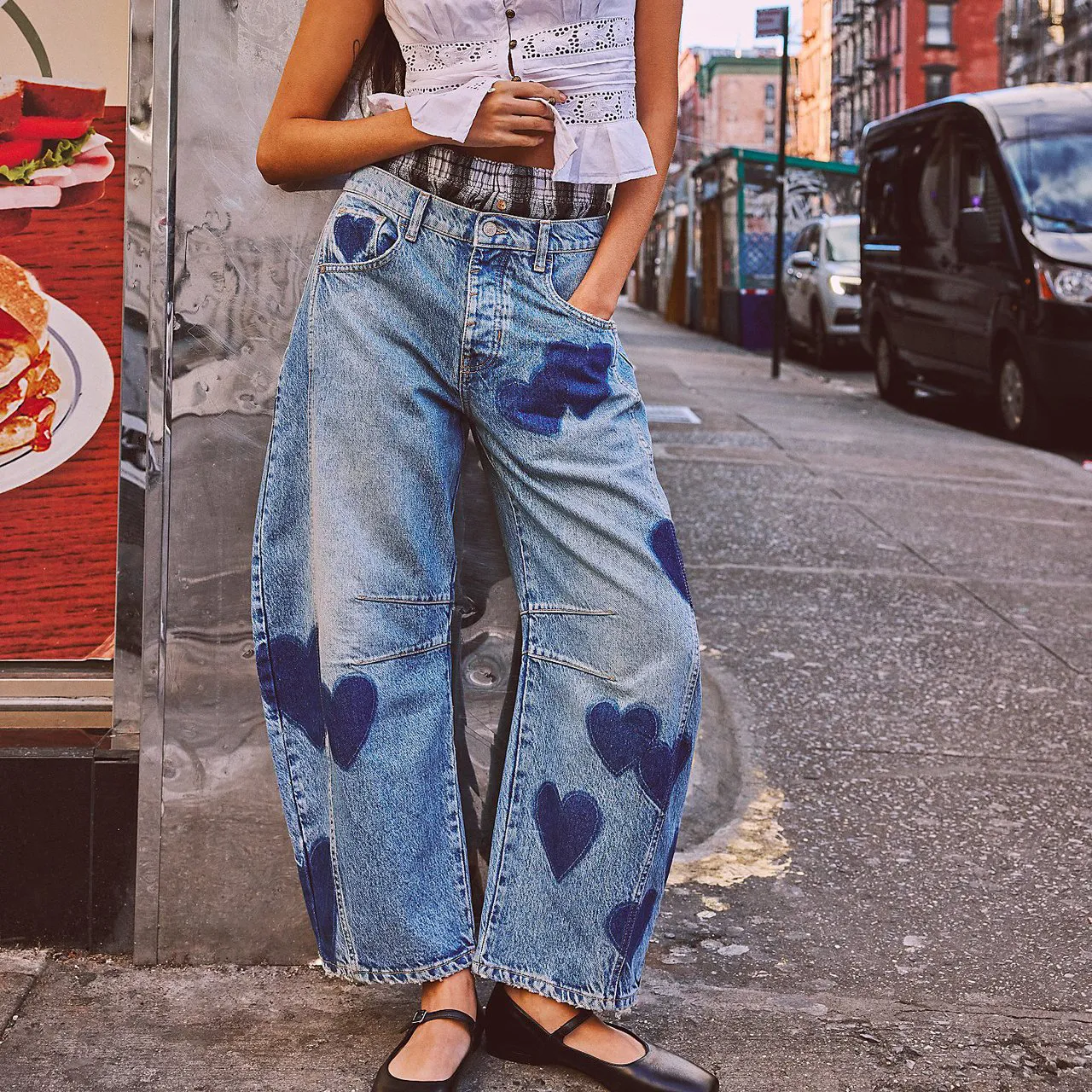 Women Fashion Casual Heart Print Loose Cropped Jeans