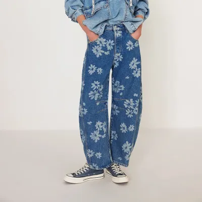 Women Fashion Casual Heart Print Loose Cropped Jeans