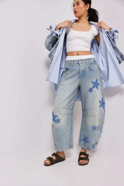 Women Fashion Casual Heart Print Loose Cropped Jeans