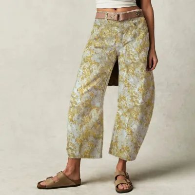 Women Fashion Casual Heart Print Loose Cropped Jeans