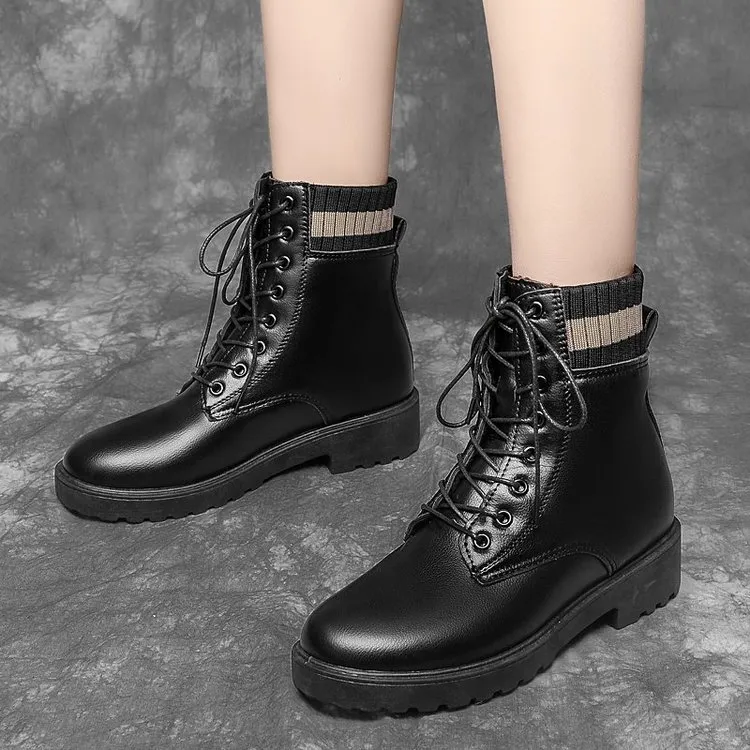 Women Fashion British Style Coarse Heel Strap Ankle Boots with Round Toe PU