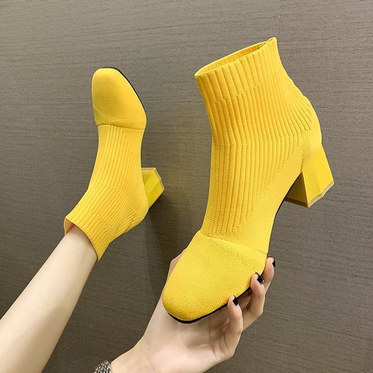 yellow イエロー　MAGNOLIA SHORT BOOTS Wholesale Women Fashion Solid Color Knitted Chunky Heel