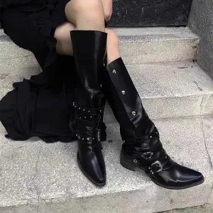 Women Vintage Punk Style Pointed Toe Rivet Belt Buckle Decoration Knee High Boots