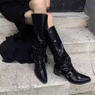 Women Vintage Punk Style Pointed Toe Rivet Belt Buckle Decoration Knee High Boots