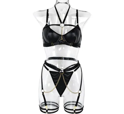 Women Sexy Solid Color Chain Lingerie Three-Piece Set