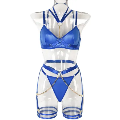 Women Sexy Solid Color Chain Lingerie Three-Piece Set