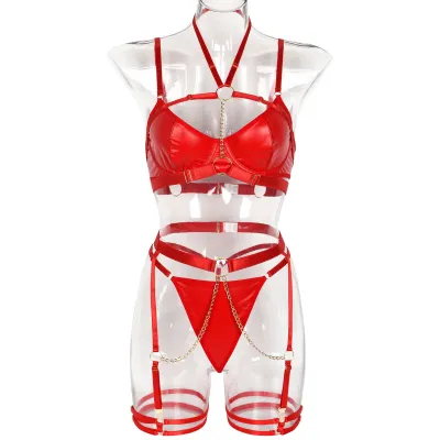 Women Sexy Solid Color Chain Lingerie Three-Piece Set
