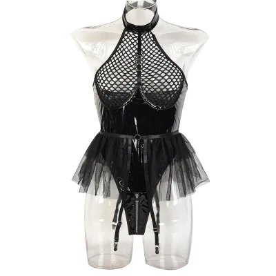 Women Sexy PU Mesh Stitching Lingerie Bra Set
