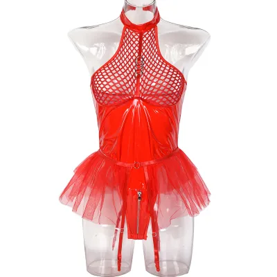 Women Sexy PU Mesh Stitching Lingerie Bra Set