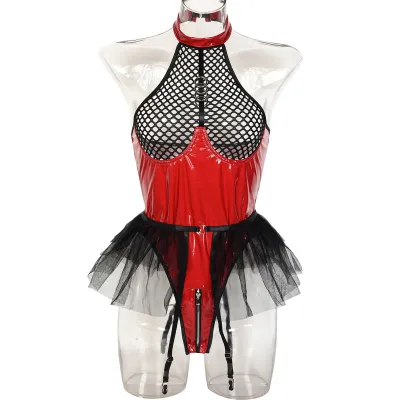 Women Sexy PU Mesh Stitching Lingerie Bra Set