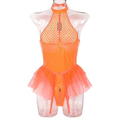 Women Sexy PU Mesh Stitching Lingerie Bra Set