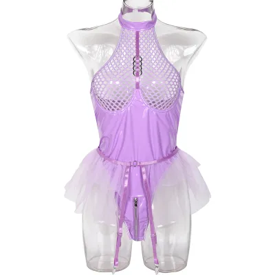 Women Sexy PU Mesh Stitching Lingerie Bra Set