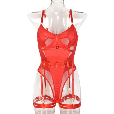 Women Sexy Solid Color Metal Belt Lingerie Three-Piece Set