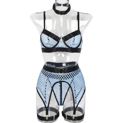Women Sexy Contrast Color Hollow-Out Lingerie Four-Piece Set