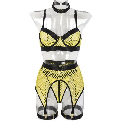 Women Sexy Contrast Color Hollow-Out Lingerie Four-Piece Set