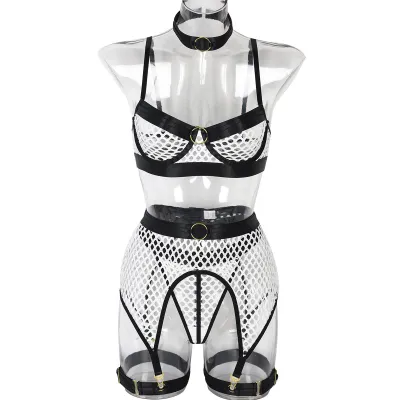 Women Sexy Contrast Color Hollow-Out Lingerie Four-Piece Set