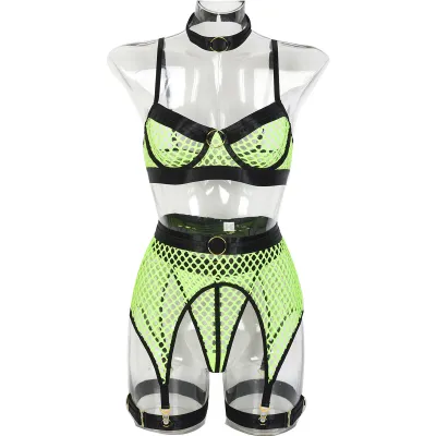 Women Sexy Contrast Color Hollow-Out Lingerie Four-Piece Set