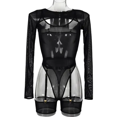 Women Sexy Solid Color Mesh See-Through Stretch Lingerie Three-Piece Set