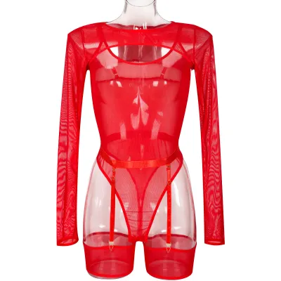 Women Sexy Solid Color Mesh See-Through Stretch Lingerie Three-Piece Set