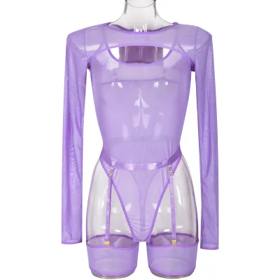 Women Sexy Solid Color Mesh See-Through Stretch Lingerie Three-Piece Set