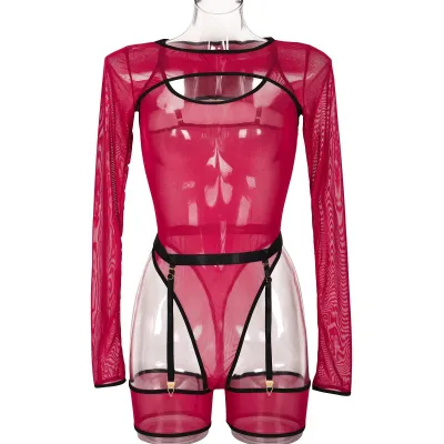 Women Sexy Solid Color Mesh See-Through Stretch Lingerie Three-Piece Set