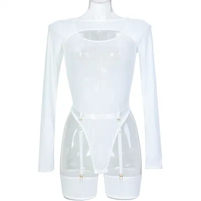 Women Sexy Solid Color Mesh See-Through Stretch Lingerie Three-Piece Set