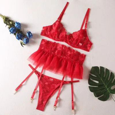Women Sexy Embroidered Mesh Lingerie Bra Set