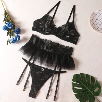 Women Sexy Embroidered Mesh Lingerie Bra Set
