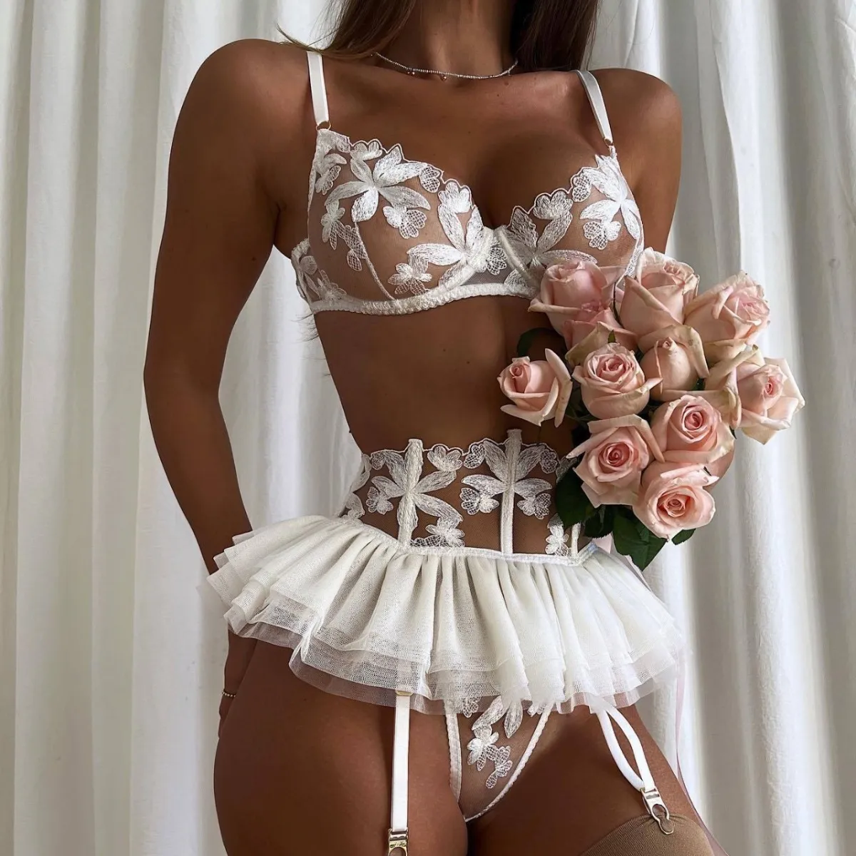 Women Sexy Embroidered Mesh Lingerie Bra Set