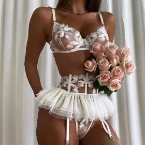 Women Sexy Embroidered Mesh Lingerie Bra Set