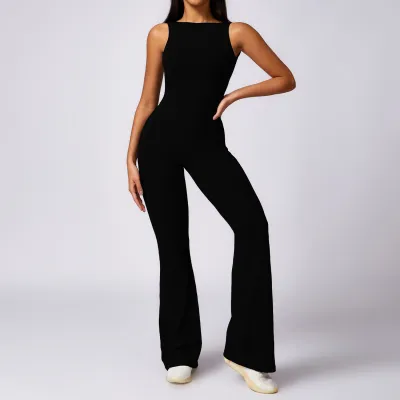Women Yoga Fashion Solid Color Backless Sleeveless Sports Jumpsuit