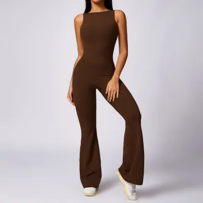 Women Yoga Fashion Solid Color Backless Sleeveless Sports Jumpsuit