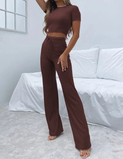 Women Casual Solid Color Long Sleeve Top And Pants Two-Piece Set