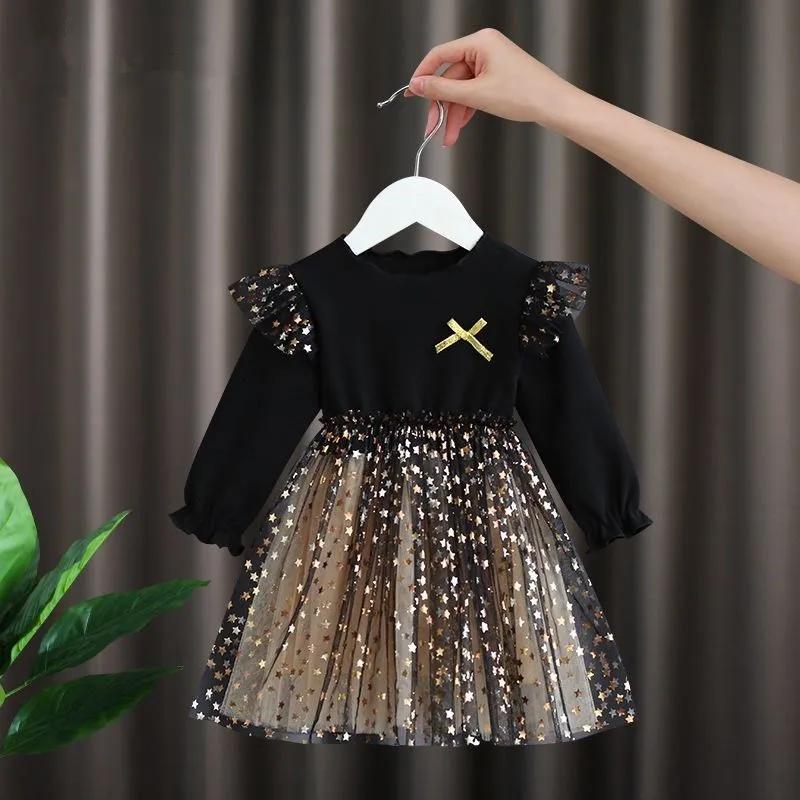 Kids Toddler Girls Cartoon Print Long Sleeve Round Neck Mesh Tutu Party Princess Dress