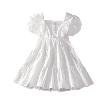 Kids Toddler Big Girls Summer Casual Solid Color Short-Sleeved A-Line Square Neck Dress