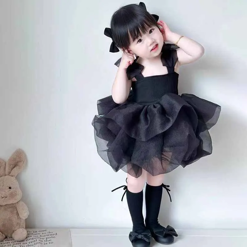 Kids Toddler Girls Summer Princess Solid Color Acetate Organza Mesh Strap Dress