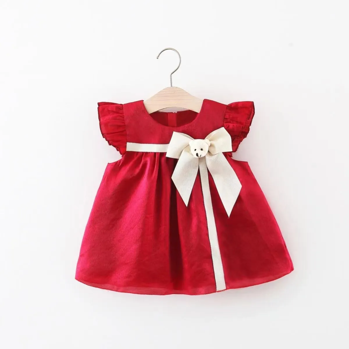 Kids Baby Girls Summer Cute Cartoon Bow Fluttering Sleeve Princess Dress Satin Polyester