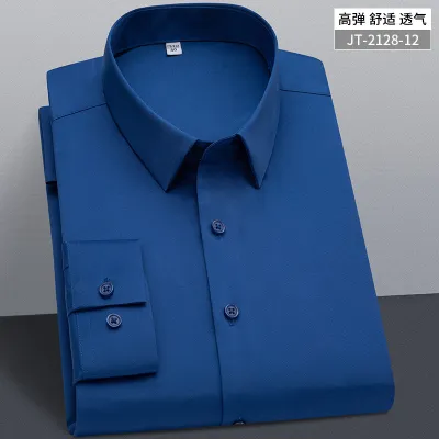 Men Fashion Slim Fit Business Casual Solid Color Plus Size Long Sleeve Square Collar Shirt