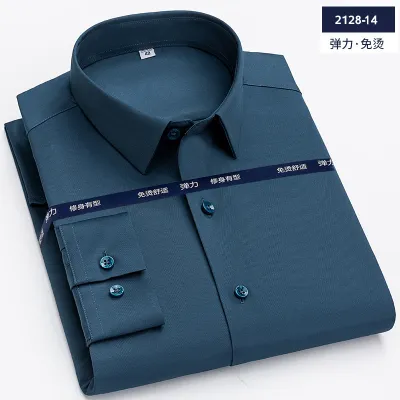 Men Fashion Slim Fit Business Casual Solid Color Plus Size Long Sleeve Square Collar Shirt