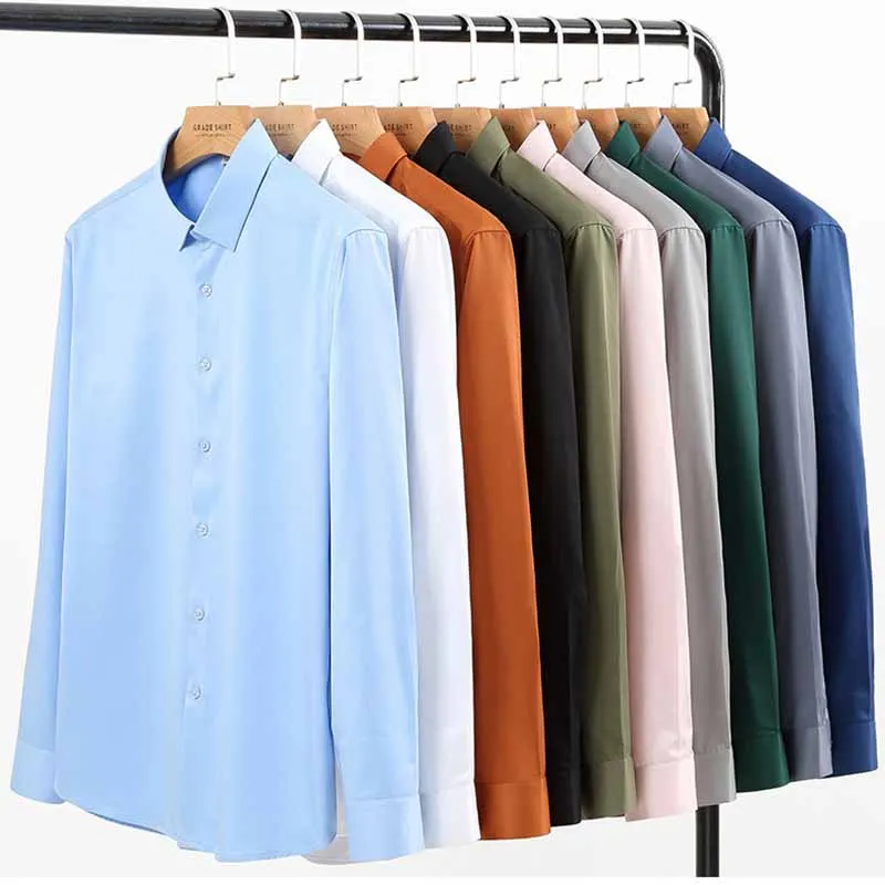 Men Fashion Slim Fit Business Casual Solid Color Plus Size Long Sleeve Square Collar Shirt