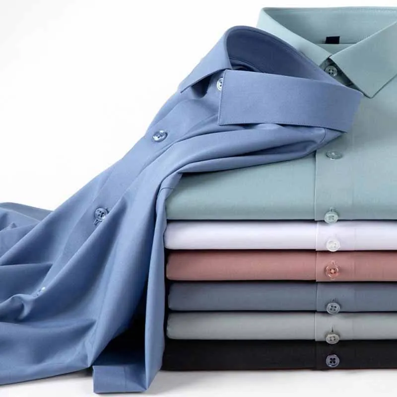 Men Fashion Casual Business Mulberry Silk Solid Color Plus Size Long Sleeve Square Collar Shirt